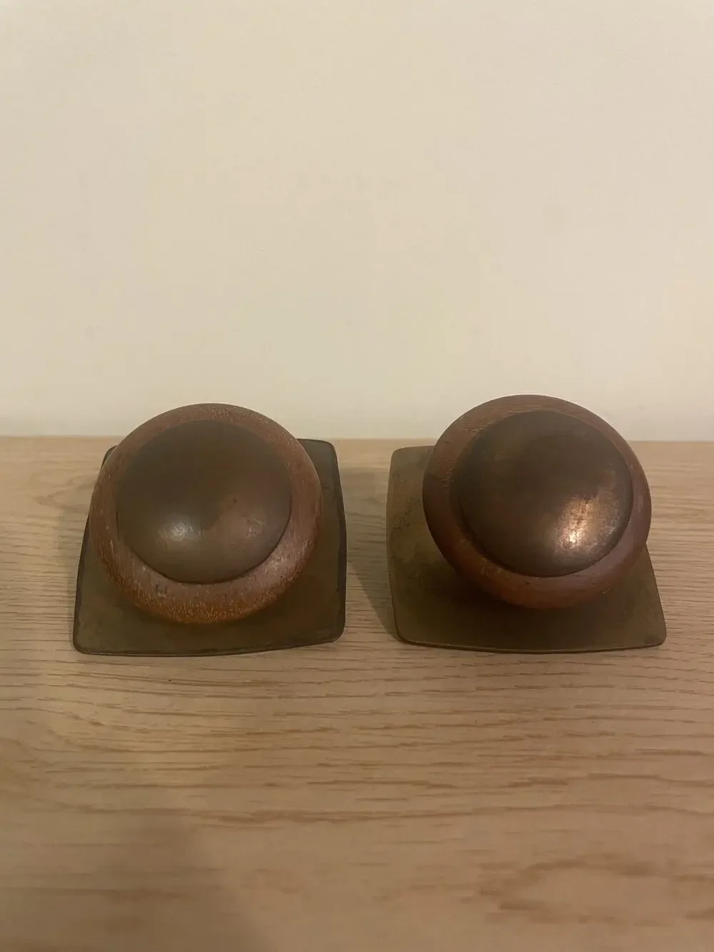 (QTY 2) Vintage Bronze & Wood Single Screw Cabinet Knob Drawer Pull